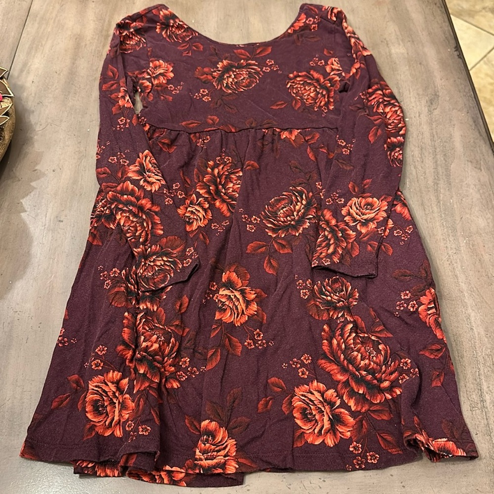 Old Navy Long Sleeve Scoop Neck Casual Maroon and Orange Floral Fall Dress